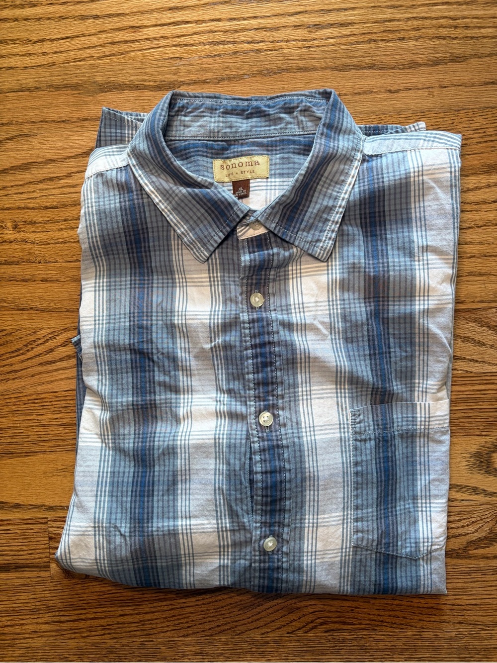 Sonoma Blue and White Plaid Casual Button-Down Shirt